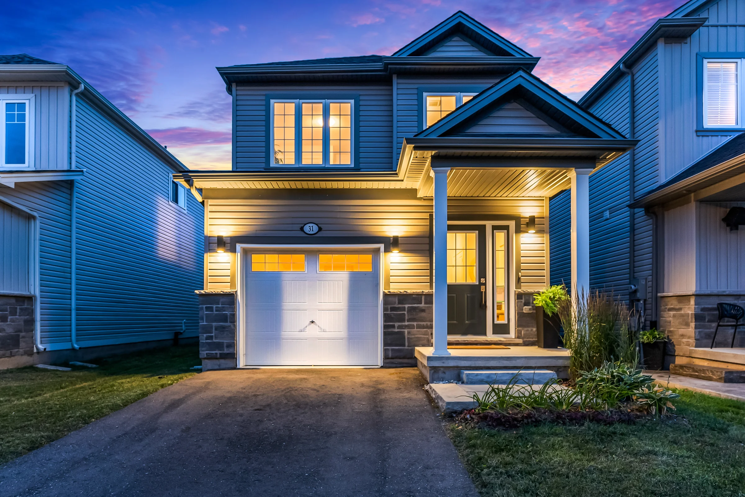 Blue-hour exterior of a modern home